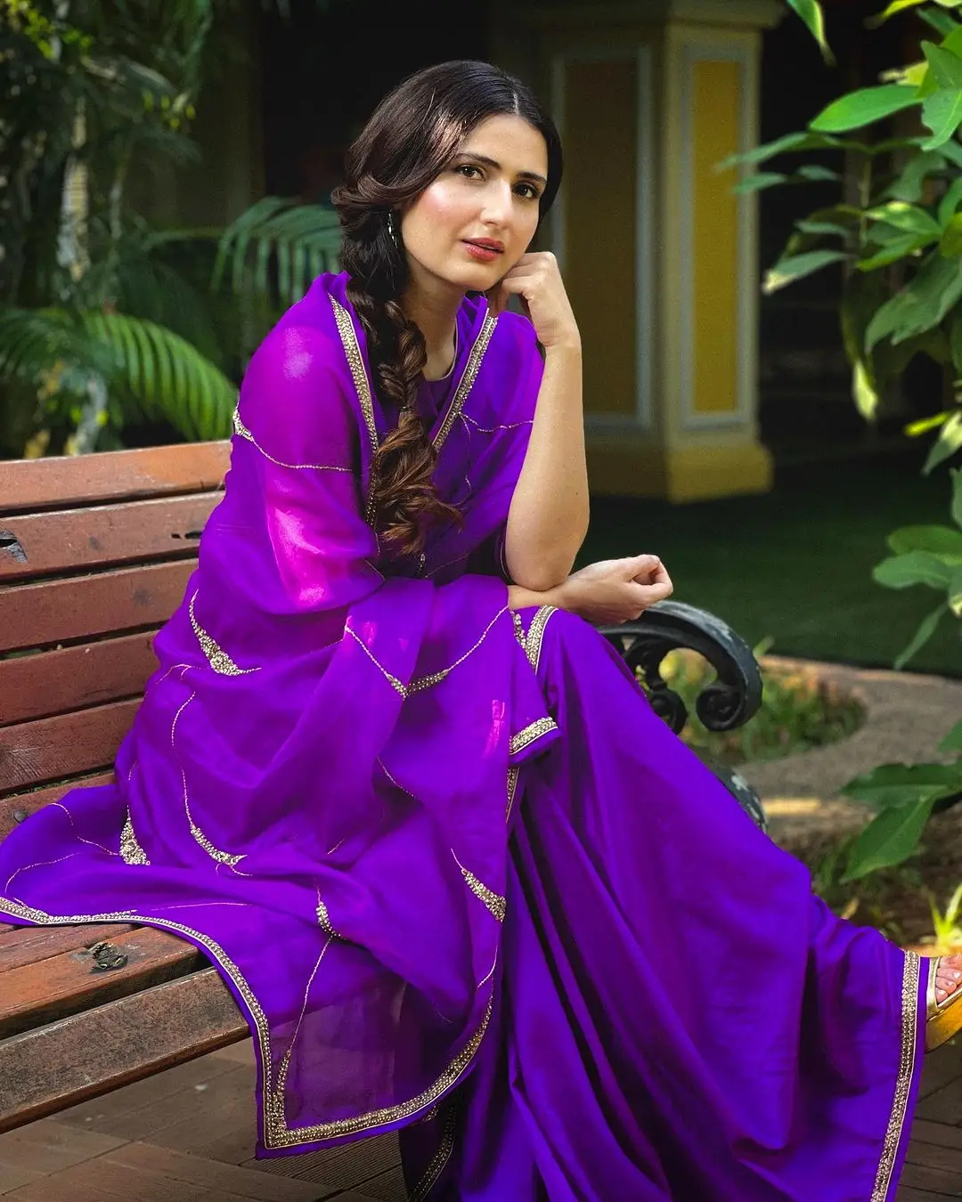 Fatima Sana Shaikh Stills in Violet Saree Sleeveless Blouse